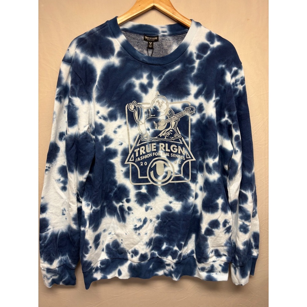 True Religion Sweatshirt Mens Blue Tie Dye Buddha Logo Crewneck Large NWT Y2K